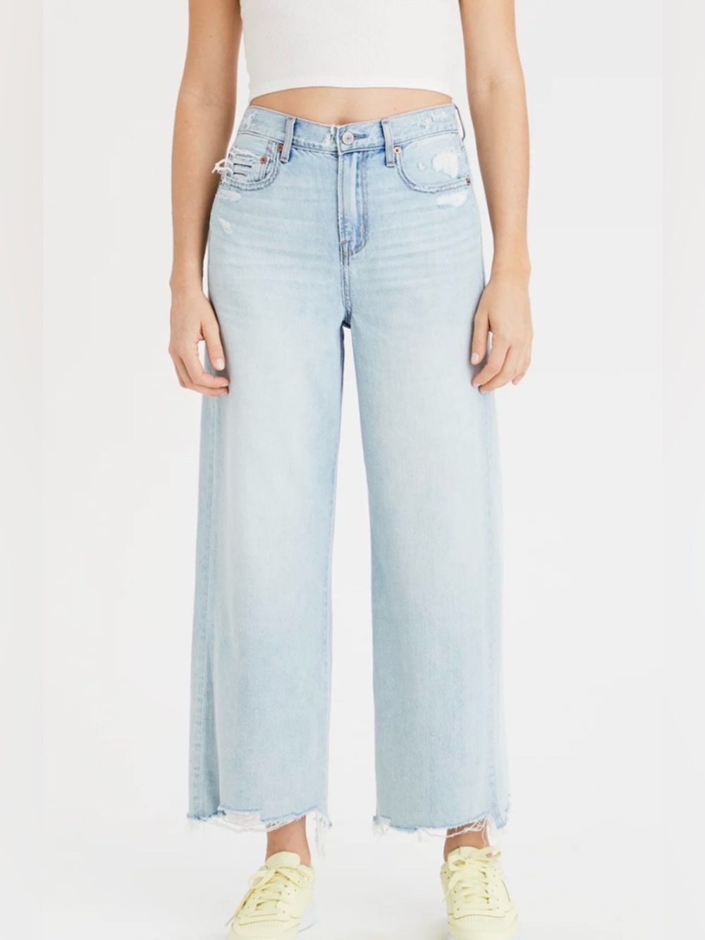 AMERICAN EAGLE Outfitters Light Wash Wide Leg High-Rise Distressed Cotton Jeans